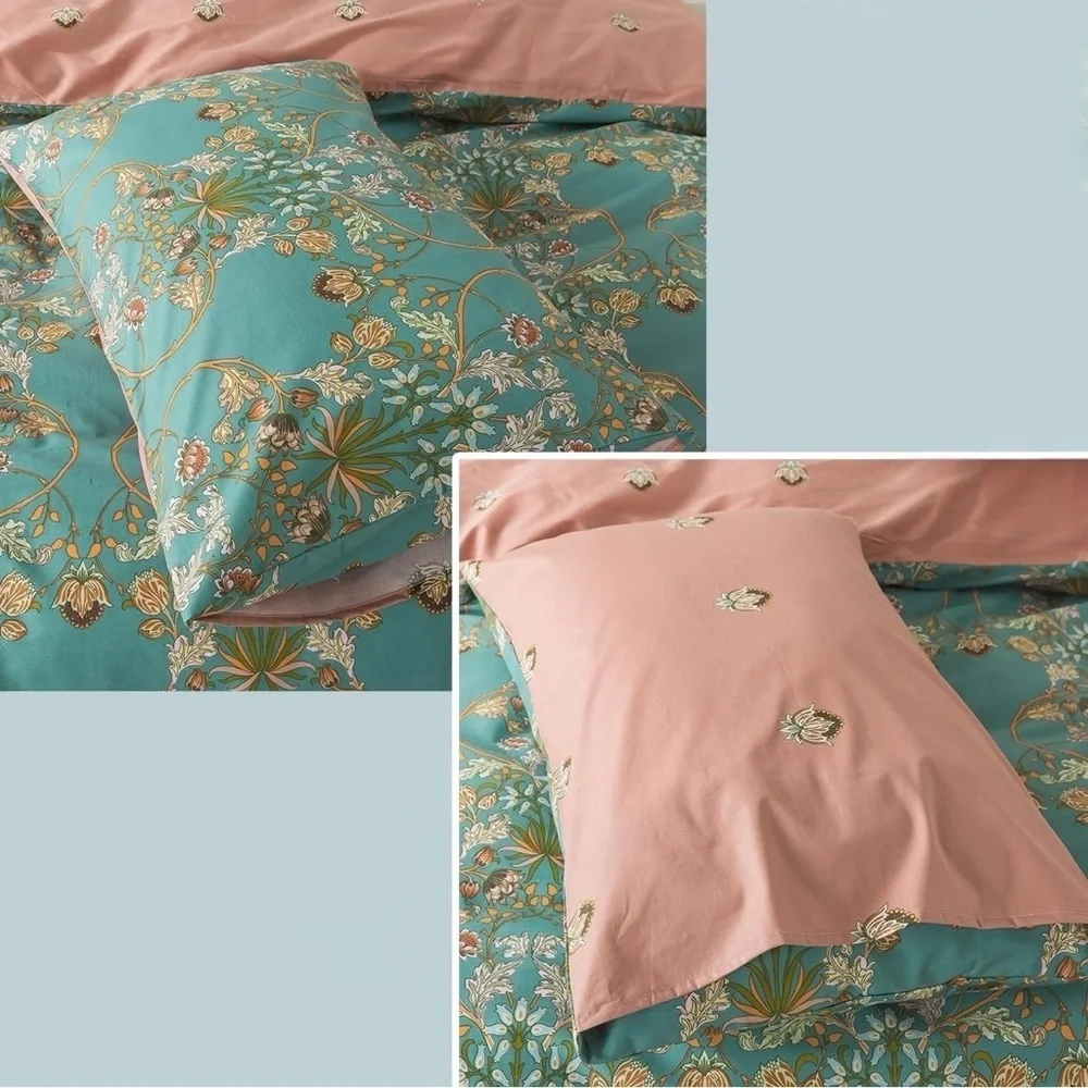 NEW Anthro Teal Reversible Floral Queen / King Boho Duvet Bedding & Sham Set